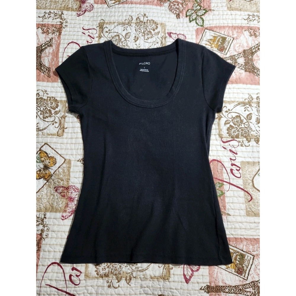 PILCRO Women's T-Shirt Top Scoop Neck Short Sleeve Cotton Black Size L‎